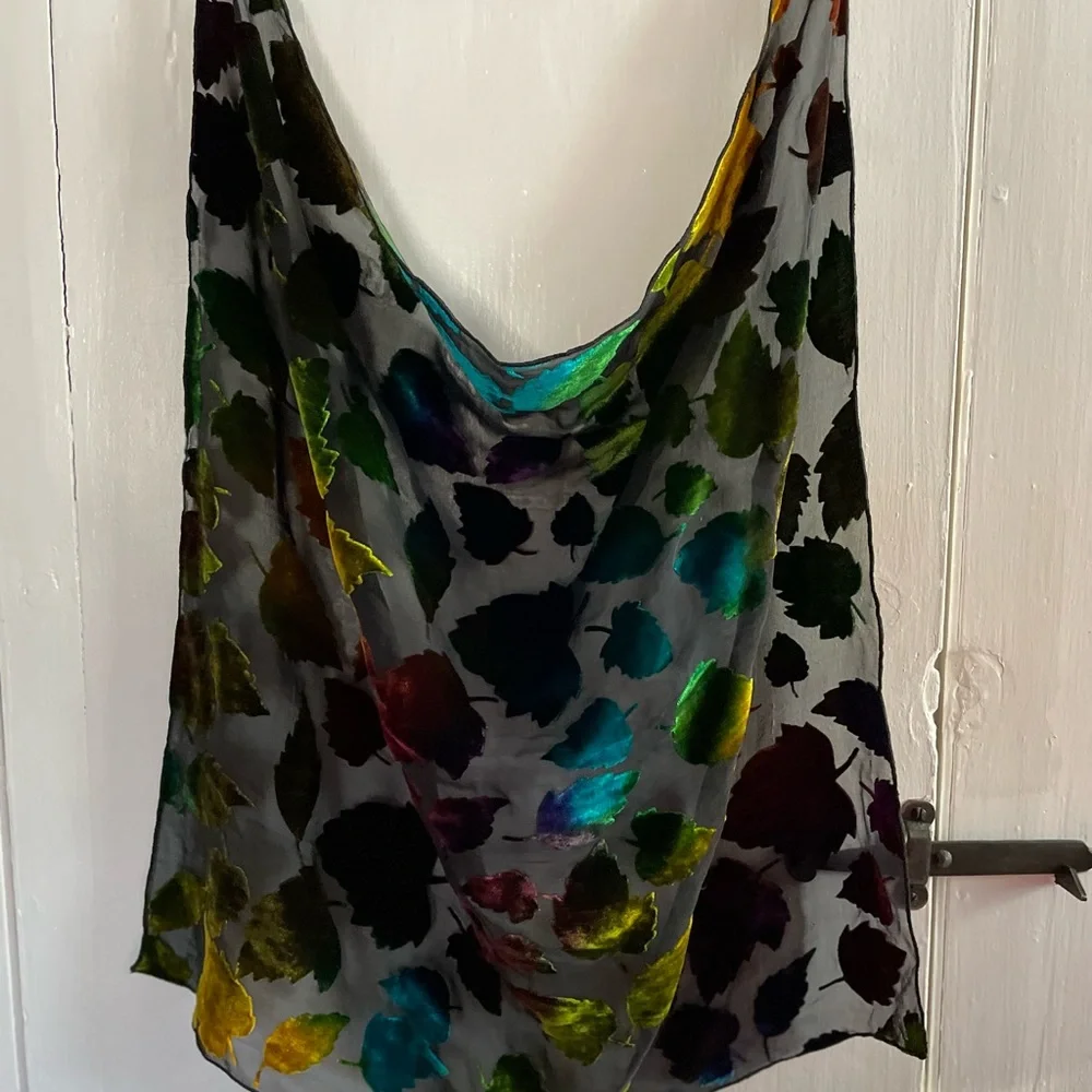 Devore Burn Out Velvet Sheer Multicolor Leaf Print Women's Square 22